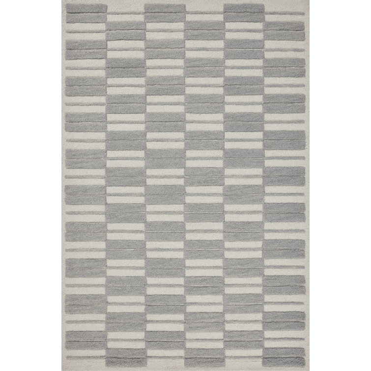 Ivory and Grey Hand-Tufted Wool Striped 5' x 7' Rug