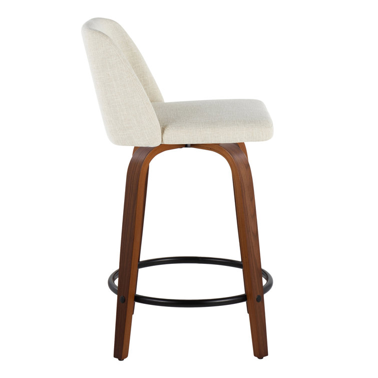 Off-White Swivel Upholstered Counter Stool with Walnut Legs, Set of 2