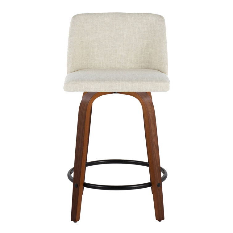 Off-White Swivel Upholstered Counter Stool with Walnut Legs, Set of 2