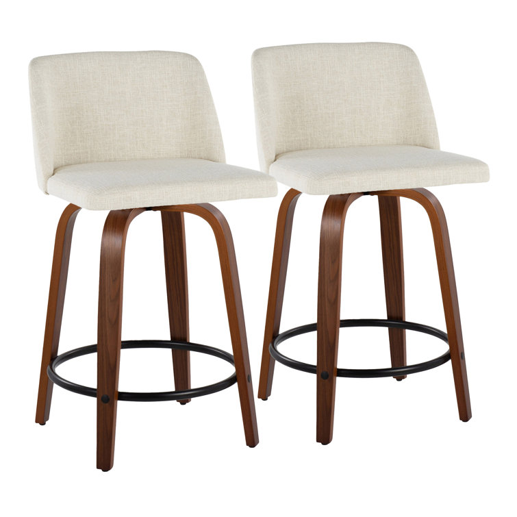 Off-White Swivel Upholstered Counter Stool with Walnut Legs, Set of 2