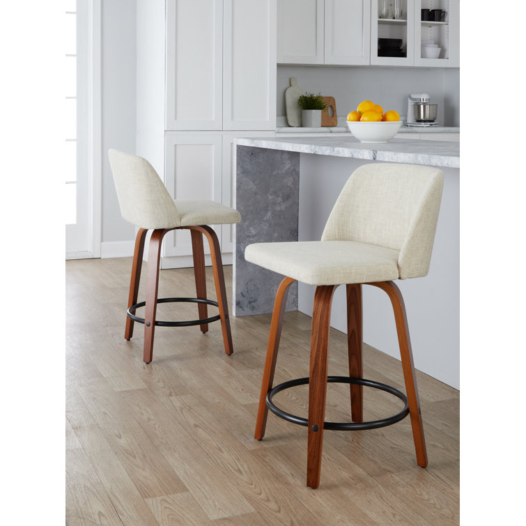 Off-White Swivel Upholstered Counter Stool with Walnut Legs, Set of 2