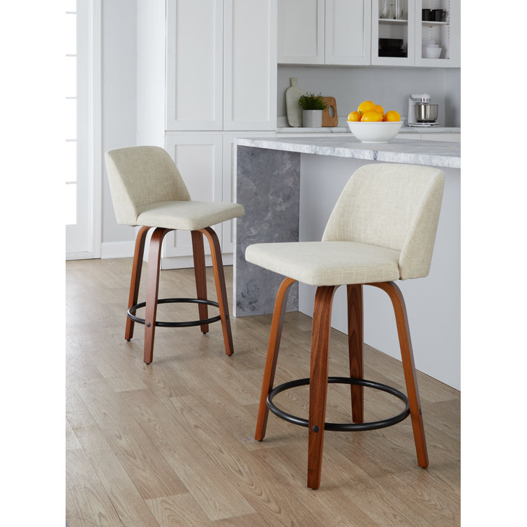 Off-White Swivel Upholstered Counter Stool with Walnut Legs, Set of 2