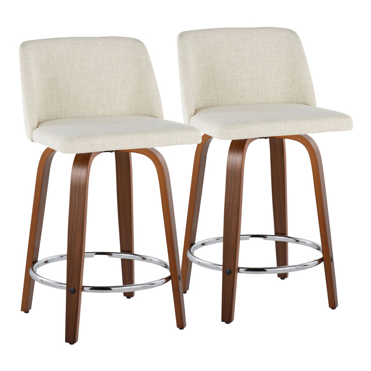 Cream Fabric Walnut Wood Swivel Counter Stools, Set of 2