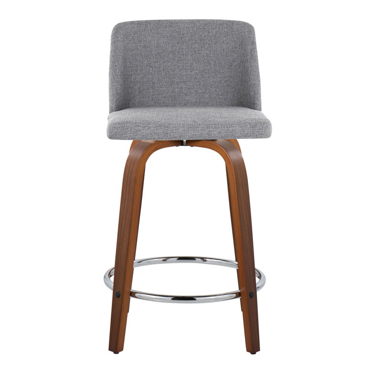 Walnut Wood and Gray Fabric Swivel Counter Stool with Chrome Base