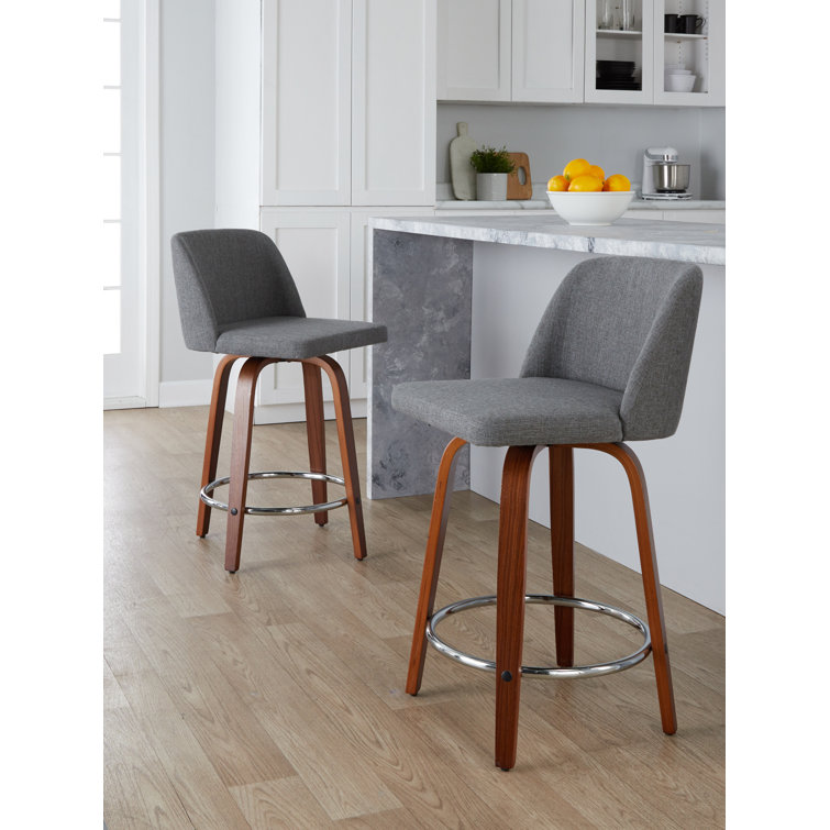 Walnut Wood and Gray Fabric Swivel Counter Stool with Chrome Base