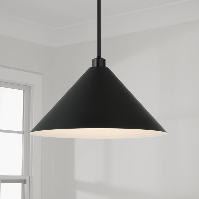 Matte Black Metal Cone Pendant Light with White Interior