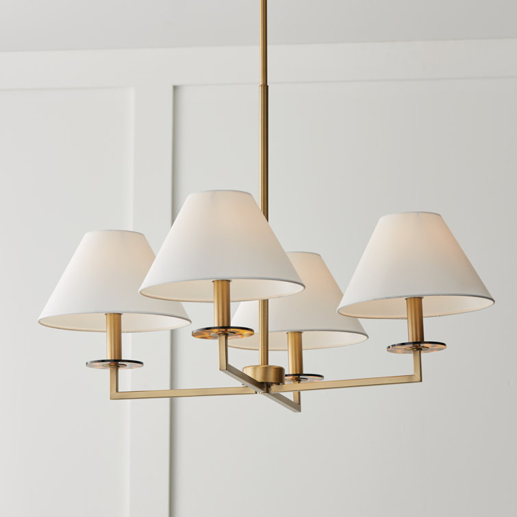 Aged Brass 4-Light Chandelier with White Fabric Shades