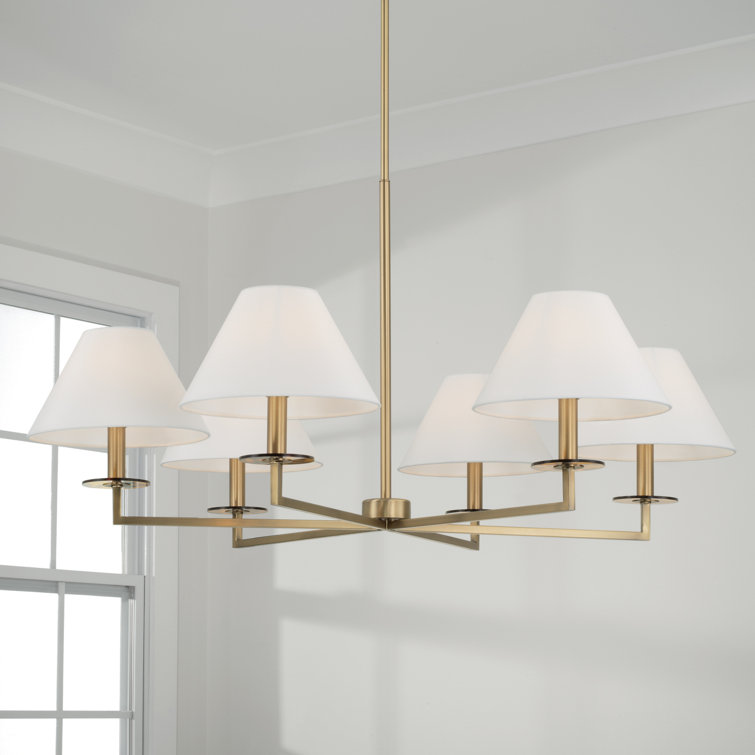 Aged Brass 6-Light Chandelier with White Fabric Shades