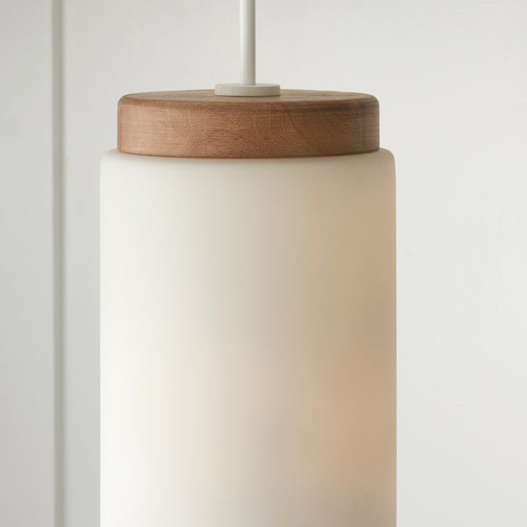 White Glass and Wood Cylinder Pendant Light