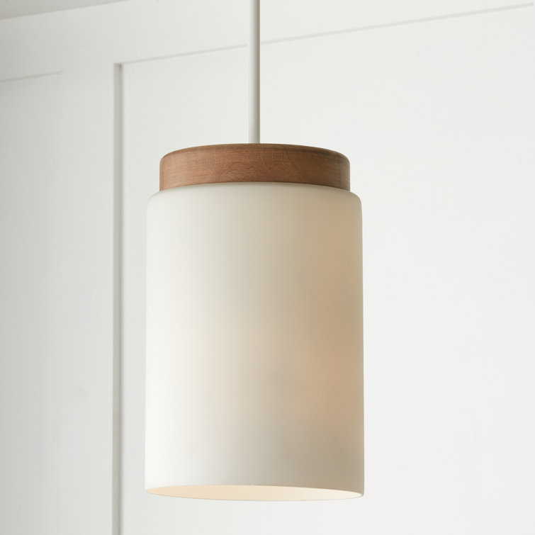 White Glass and Wood Cylinder Pendant Light
