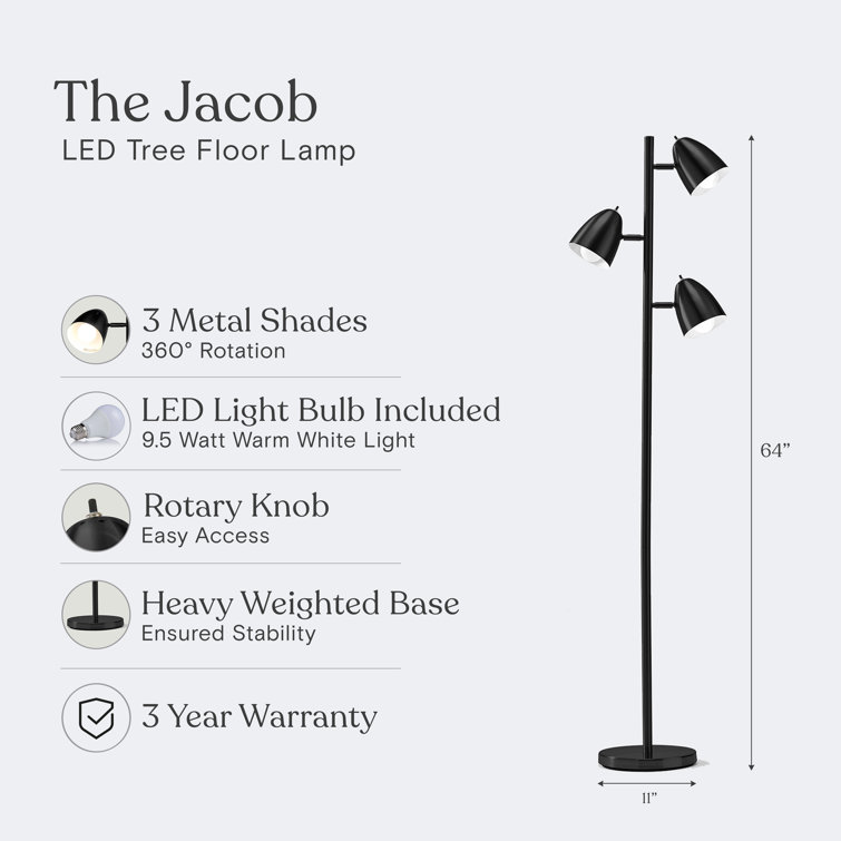 Jacob 64" Black Adjustable Multi-Head LED Floor Lamp