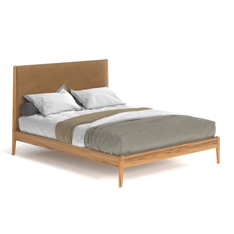 Natural Full Wood Frame Faux Leather Upholstered Bed