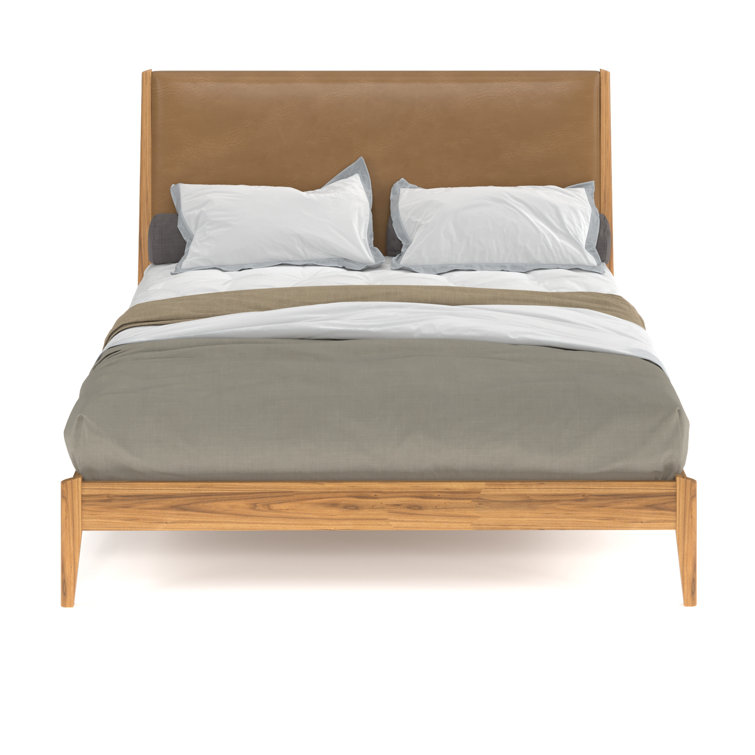 Natural Full Wood Frame Faux Leather Upholstered Bed