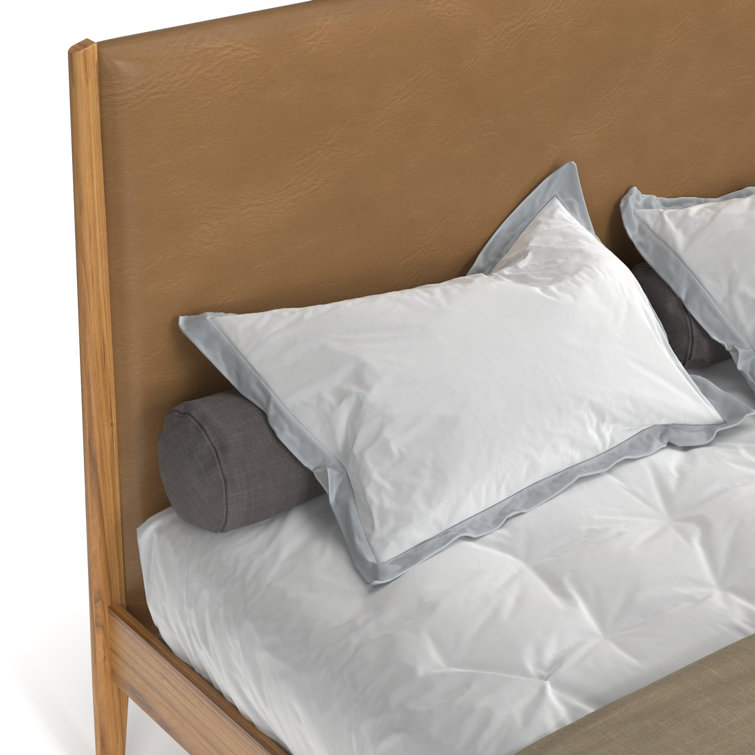 Natural Full Wood Frame Faux Leather Upholstered Bed
