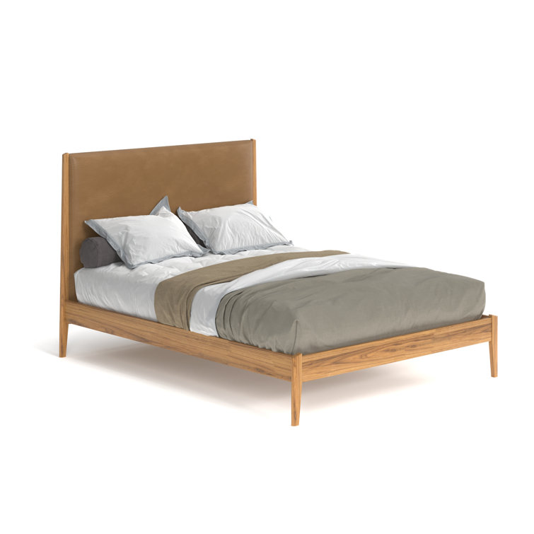 Natural Full Wood Frame Faux Leather Upholstered Bed