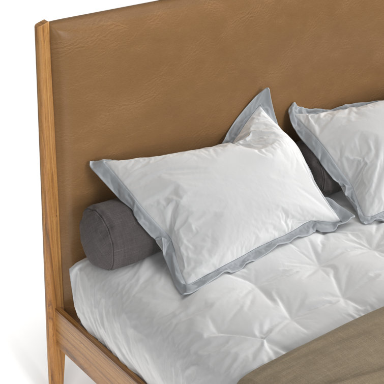 Natural Full Wood Frame Faux Leather Upholstered Bed