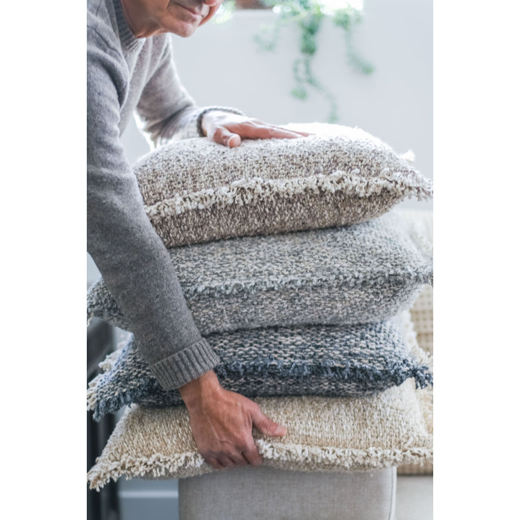 Steel Gray Handloomed Bouclé Fringe Throw Pillow