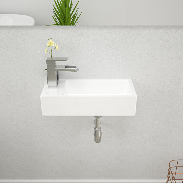 15" White Ceramic Wall-Mounted Floating Bathroom Sink