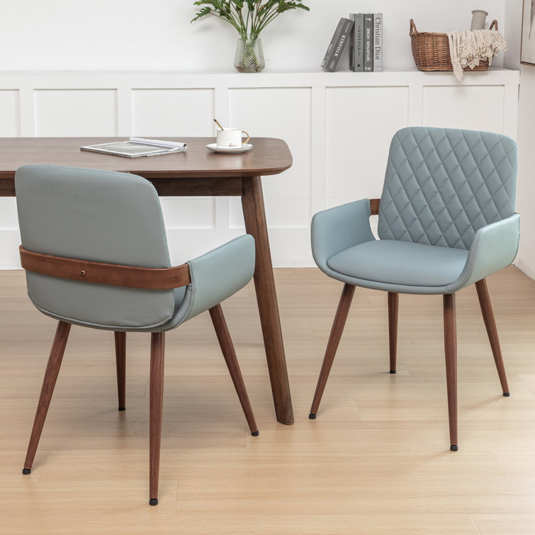 Blue Upholstered Dining Chairs with Metal Legs, Set of 2