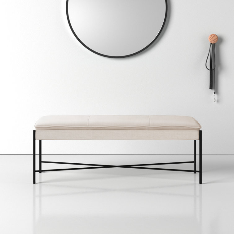 Landers Light Beige Linen Upholstered Bench with Metal Legs