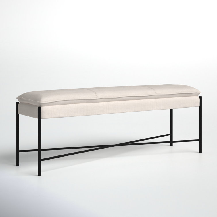 Landers Light Beige Linen Upholstered Bench with Metal Legs