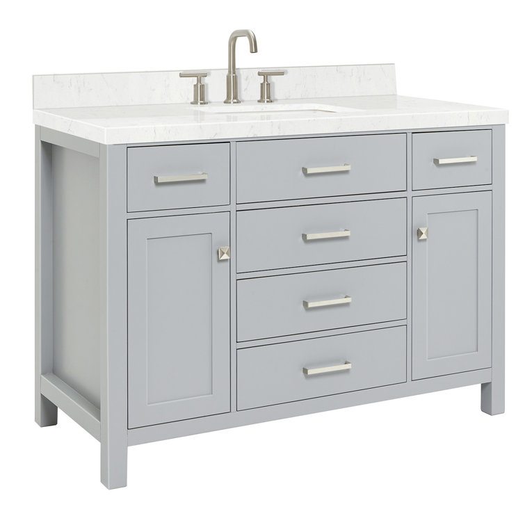 Gray Freestanding Single Sink Vanity with Carrara Quartz Top