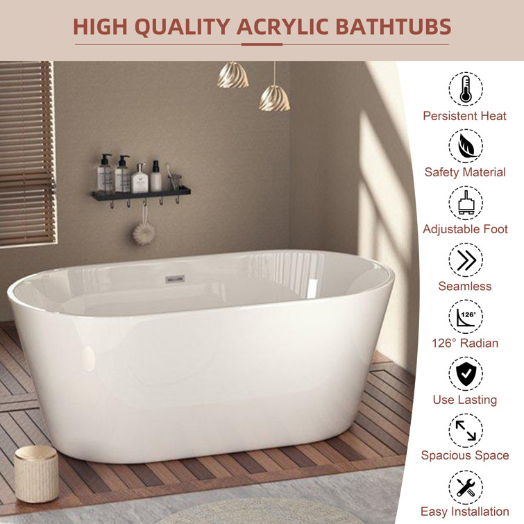 Modern White Acrylic Freestanding Soaking Bathtub, 55" x 28"