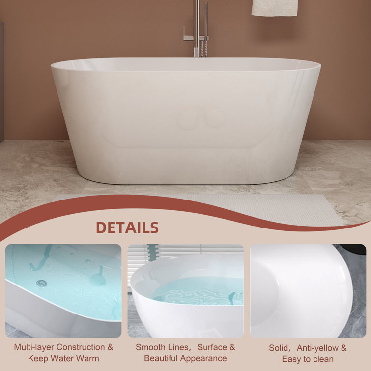 Modern White Acrylic Freestanding Soaking Bathtub, 55" x 28"