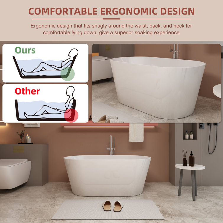 Modern White Acrylic Freestanding Soaking Bathtub, 55" x 28"