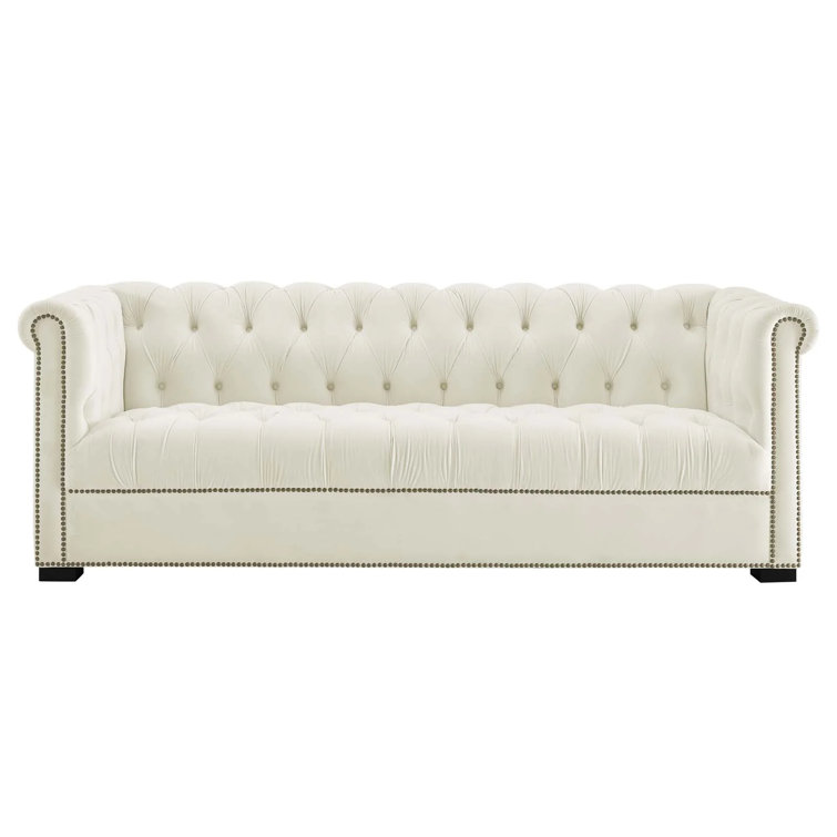 Chesterfield Black Velvet Tufted Sofa with Nailhead Trim and Wood Legs