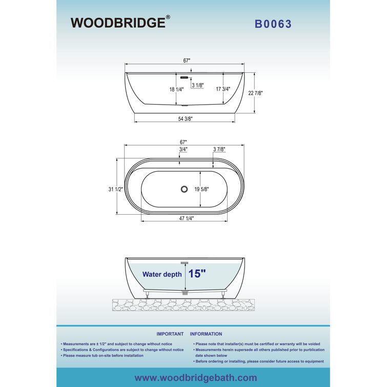 67" White Acrylic Freestanding Soaking Bathtub with Brushed Gold Trim