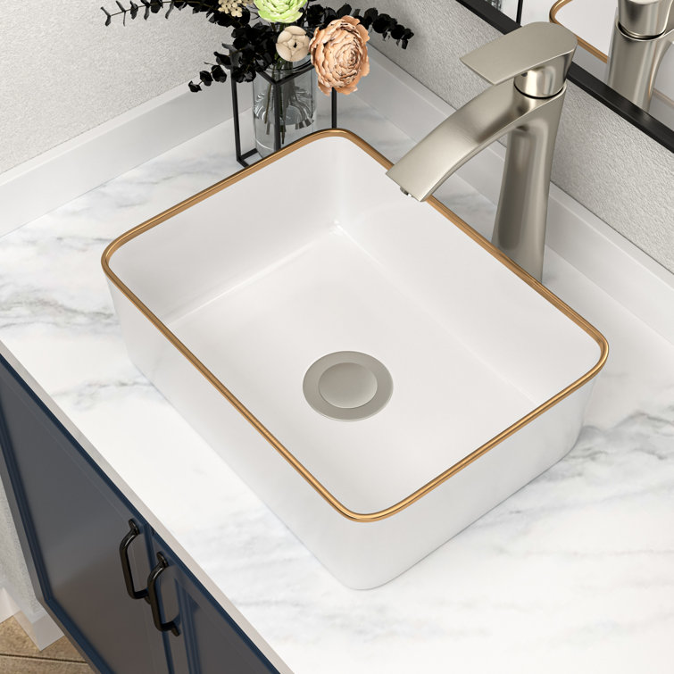 16 x 12 Inch White Ceramic Rectangular Vessel Sink with Gold Rim