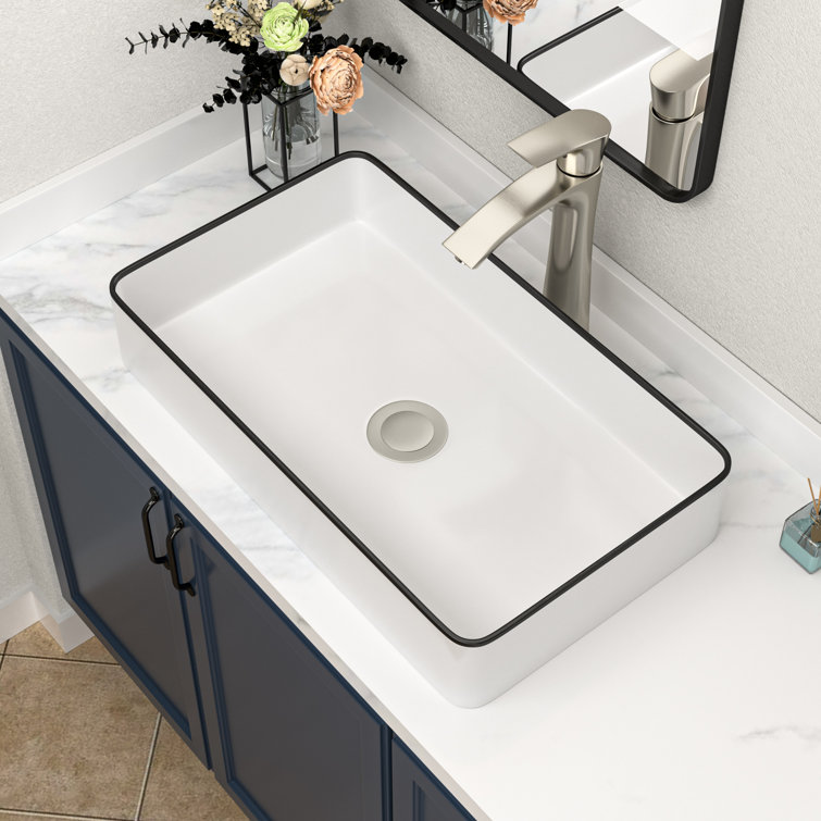 24 x 14 Inch White Ceramic Rectangular Vessel Sink with Black Rim