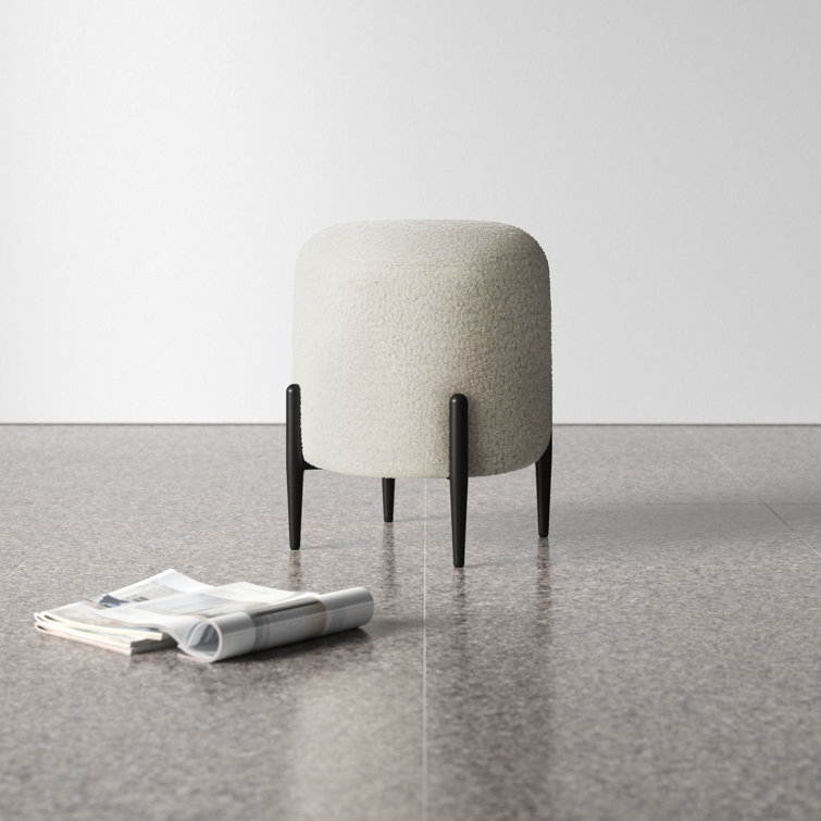 White Faux Shearling Round Ottoman with Black Metal Legs