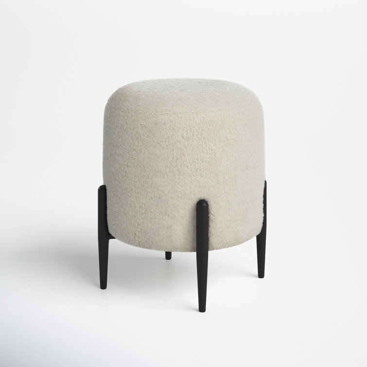 White Faux Shearling Round Ottoman with Black Metal Legs