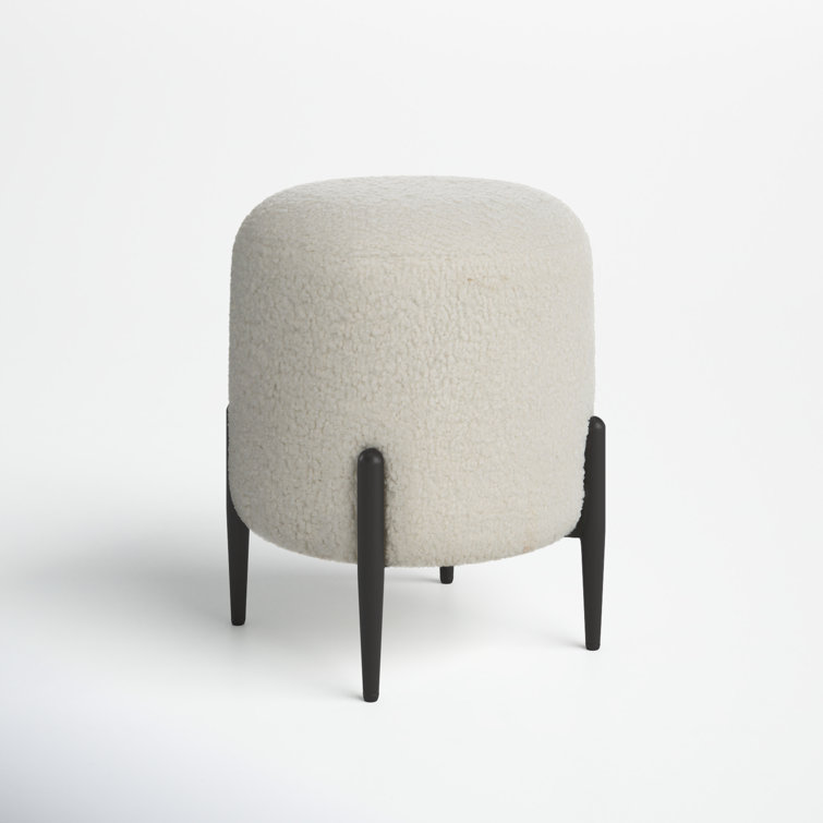 White Faux Shearling Round Ottoman with Black Metal Legs
