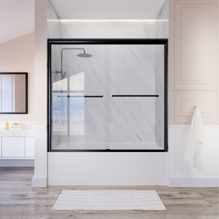 Matte Black Double Sliding Glass Shower Door with Towel Bars