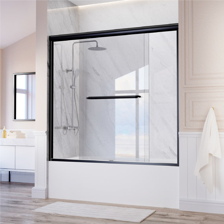 Matte Black Double Sliding Glass Shower Door with Towel Bars