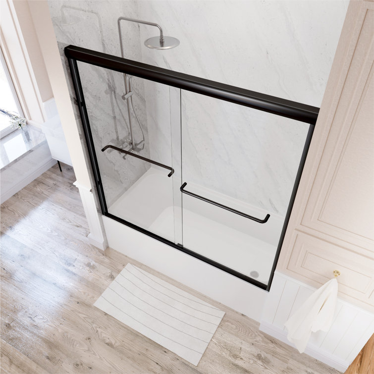 Matte Black Double Sliding Glass Shower Door with Towel Bars
