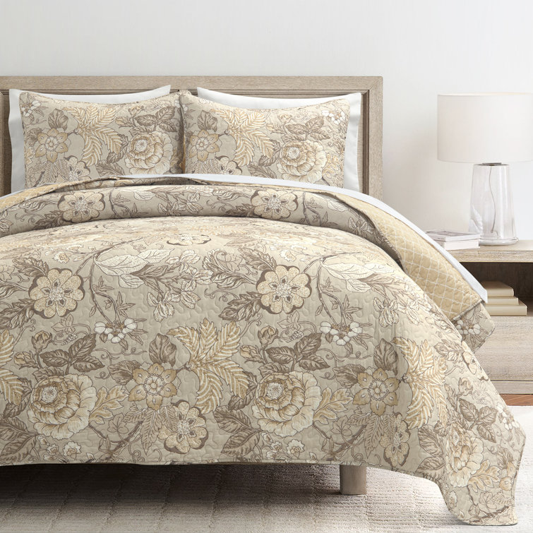 Neutral Floral Cotton King Reversible Quilt Set