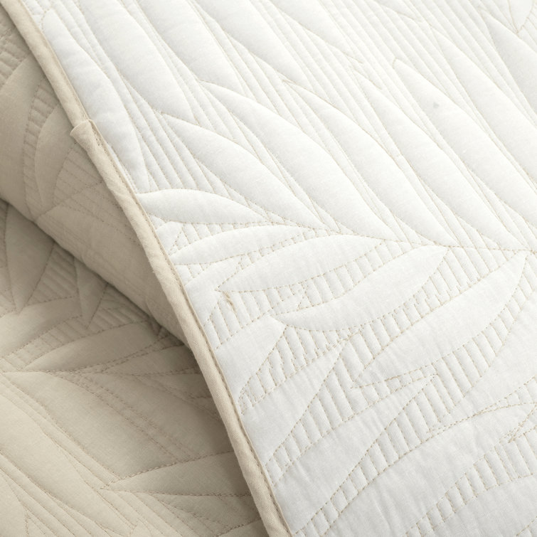 Full/Queen White Cotton Reversible Quilt Set with Embroidered Leaf Design