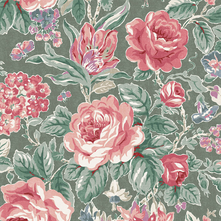 Wild Roses Fern Green and Pink Floral Wallpaper Roll