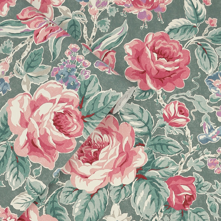 Wild Roses Fern Green and Pink Floral Wallpaper Roll
