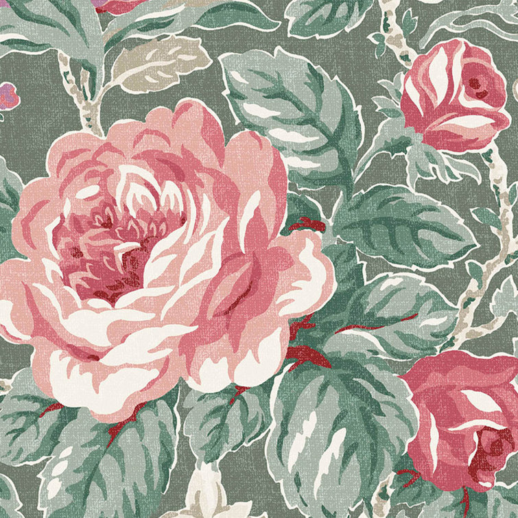 Wild Roses Fern Green and Pink Floral Wallpaper Roll