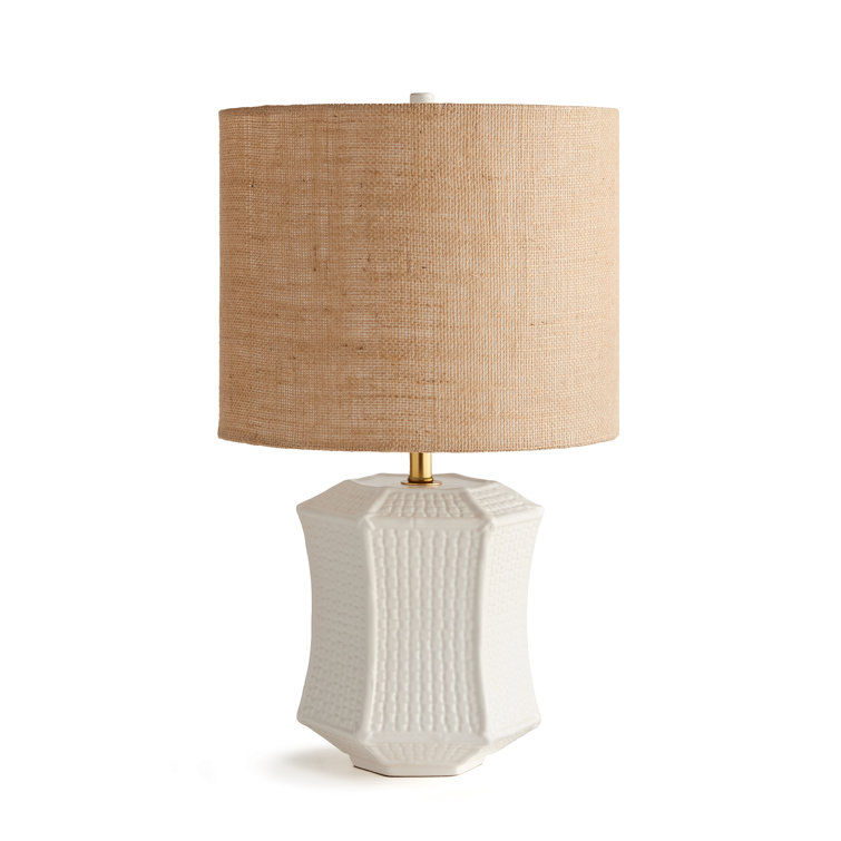 White Ceramic Textured Table Lamp with Beige Shade