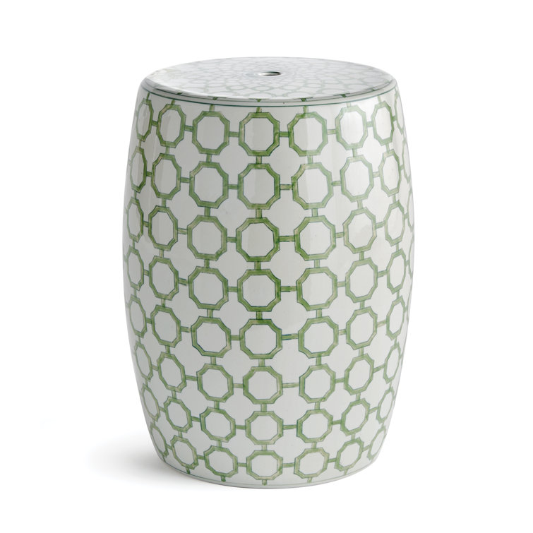 Green and White Ceramic Chinoiserie Accent Stool