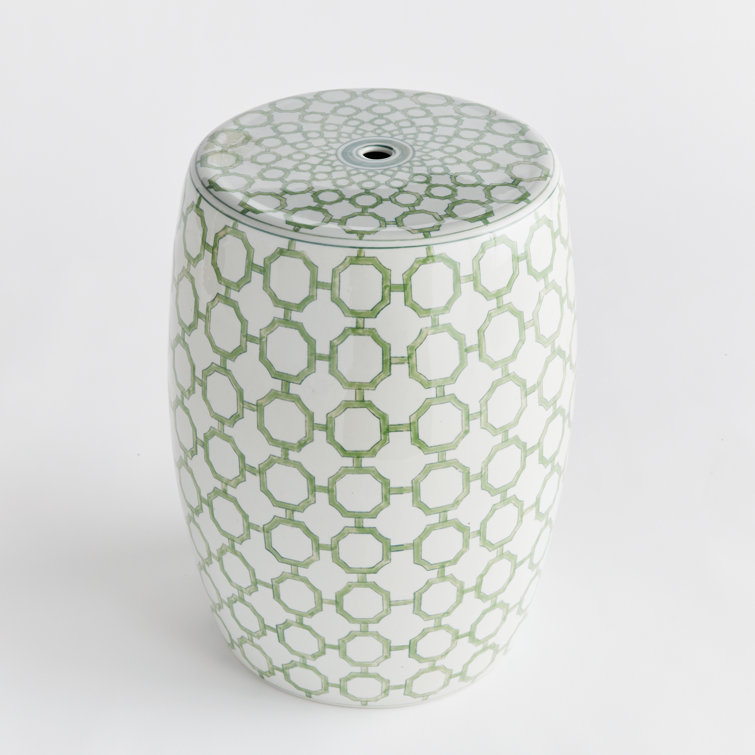 Green and White Ceramic Chinoiserie Accent Stool