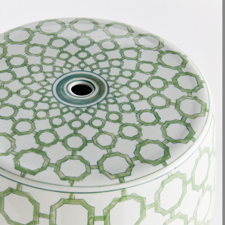 Green and White Ceramic Chinoiserie Accent Stool