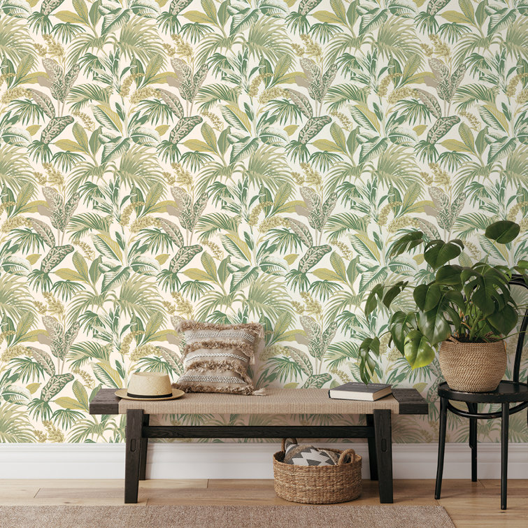 Tropical Green and Beige Vinyl Peel and Stick Wallpaper Roll