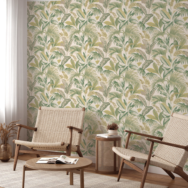 Tropical Green and Beige Vinyl Peel and Stick Wallpaper Roll